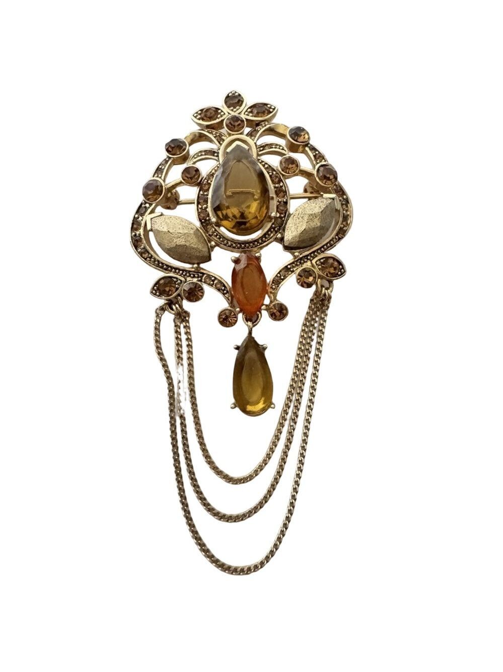 Vintage Monet Gold and Amber Brooch with Chain Detail